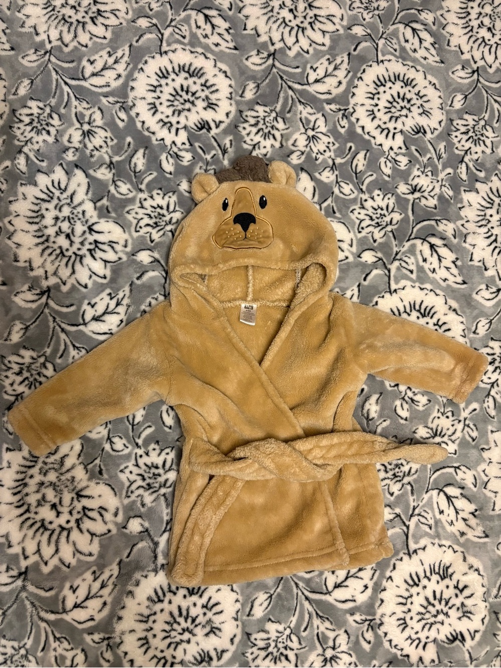 HB Baby Beige Fleece Hooded Bear Bathrobe Robe 0-9M Tie Embroidered Unisex